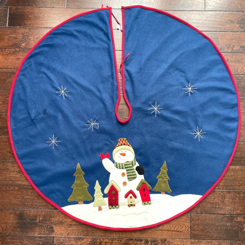Vintage Snowman Christmas Tree Skirt Appliqué Blue Country Prima Creations READ